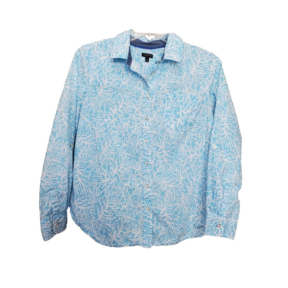 Talbots Cotton Blue Coral Print Roll-Tab Sleeve Button-Up Shirt Size Large